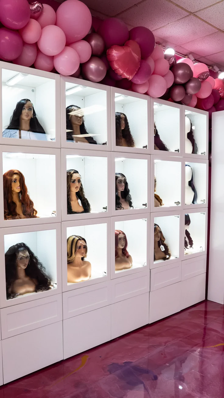 Human hair wigs in black, brown, and auburn styles displayed in a wig boutique