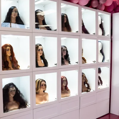 Human hair wigs in black, brown, and auburn styles displayed in a wig boutique